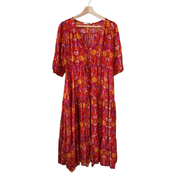 Abel the‎ Label Cottagecore Floral Tiered Midi Dress S Red Fall Prairie Peasant - Picture 1 of 16
